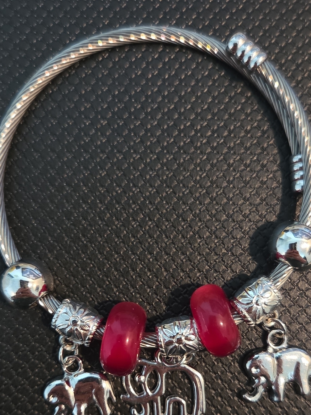 Silver Elephant Charm Bangle Bracelet with Red Glass Beads